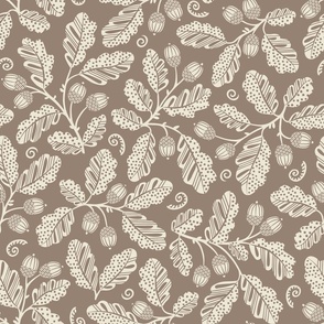 Acorn Bounty, cream on taupe (Large) – autumnal oak branches with polka dot fall leaves