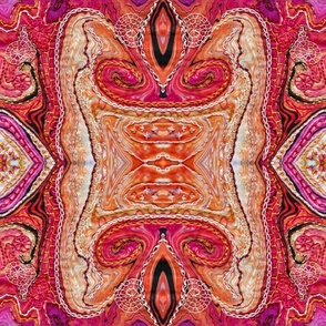 Ethnic boho Hand embroidered mirrored Ogees embroidery  texture with bright prints, salmon, purple and neutrals  with vintage styling Elizabethan small 18” repeat 