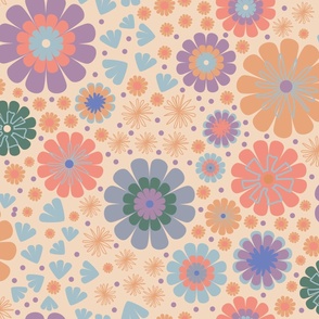 Simple flowers D, abstract flowers, fun floral, dopamine design, retro floral in lilac and orange colors - Fabric by Studio_inkco