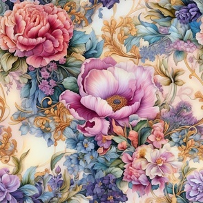 Painted Beautiful Vintage Victorial Floral Flower Wallpaper Fabric / Clothing / Home Decor / Pink Blue Beige