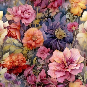 Vibrant Eye Catching Vintage Floral Victorian Art Nouveau / Pink Purple Flower Garden