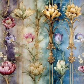 Vibrant Eye Catching Vintage Floral Victorian Art Nouveau / Pastel Watercolor Colums