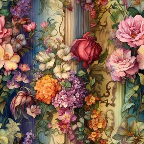 Romantic Floral Pattern in Colorful Watercolor / Pink Red Orange Blue Purple Wallpaper Fabric