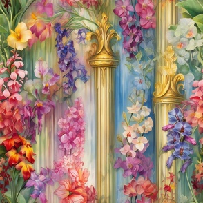 Romantic Floral Pattern in Colorful Watercolor / Golden Columns Wallpaper Fabric
