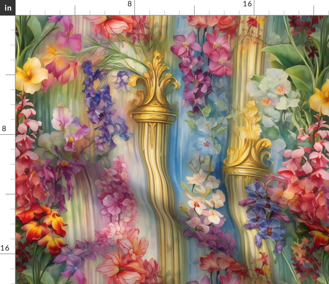 Romantic Floral Pattern in Colorful Watercolor / Golden Columns Wallpaper Fabric