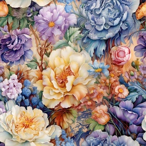 Colorful Vintage Victorian Floral Flower Vibrant Wallpaper Fabric / Clothing / Home Decor / Blue Beige Lavender