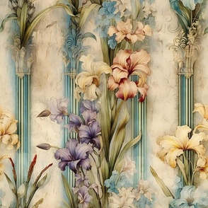Colorful Vintage Victorian Floral Flower Vibrant Wallpaper Fabric / Clothing / Home Decor / Cream Colors
