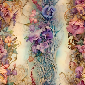 Colorful Vintage Victorian Floral Flower Vibrant Wallpaper Fabric / Clothing / Home Decor / Soft Blue Lavender
