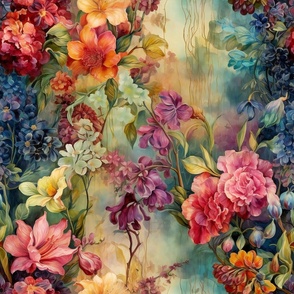 Painted Beautiful Vintage Victorial Floral Flower Wallpaper Fabric / Clothing / Home Decor / Blue Pink Orange