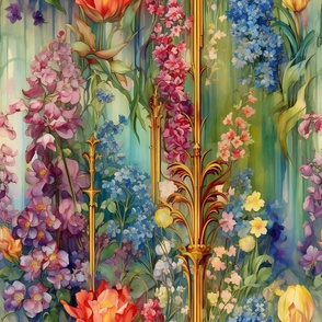 Painted Beautiful Vintage Victorial Floral Flower Wallpaper Fabric / Clothing / Home Decor / Rainbow Pillars