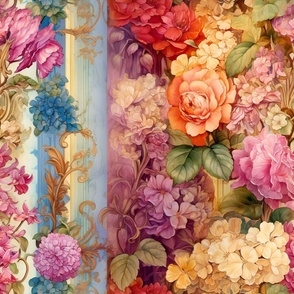 Painted Beautiful Vintage Victorial Floral Flower Wallpaper Fabric / Clothing / Home Decor / Pink Blue Cream