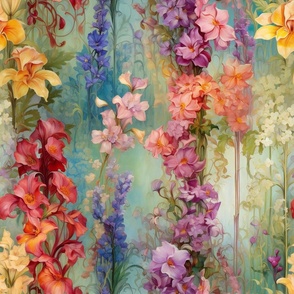 Painted Beautiful Vintage Victorial Floral Flower Wallpaper Fabric / Clothing / Home Decor / Rainbow