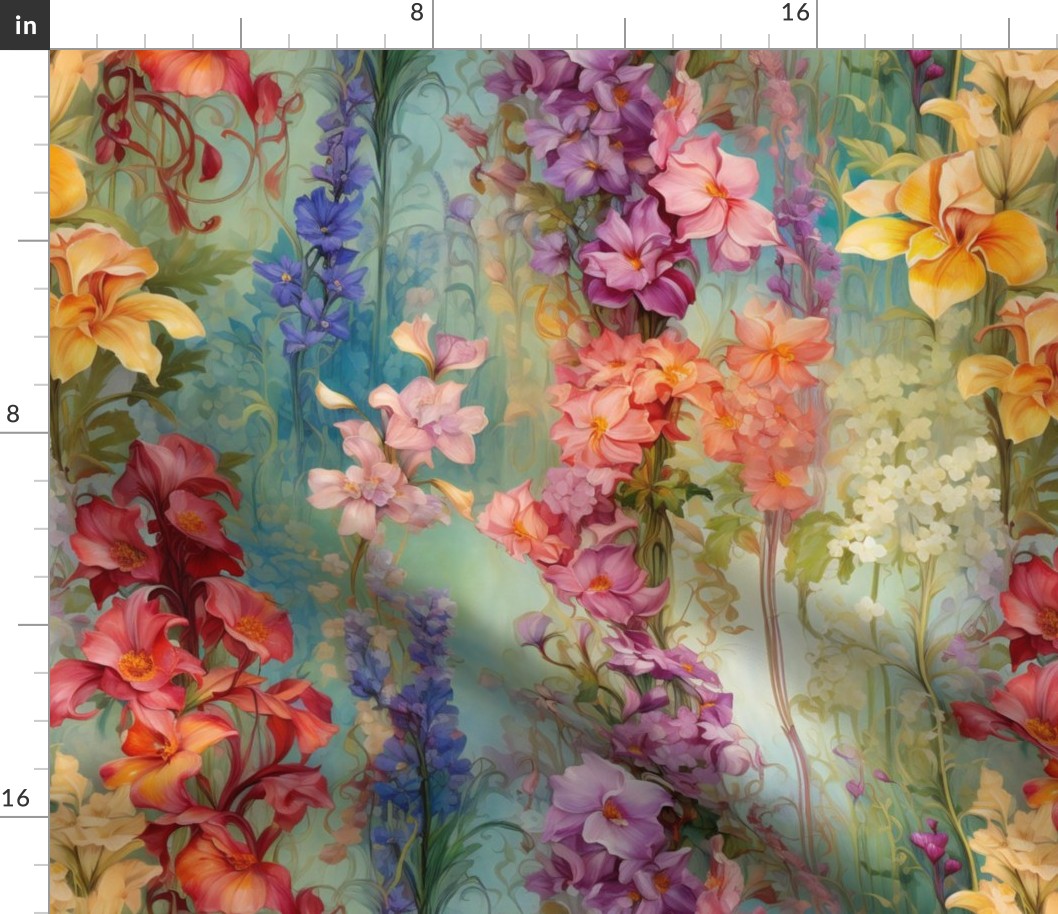 Painted Beautiful Vintage Victorial Floral Flower Wallpaper Fabric / Clothing / Home Decor / Rainbow