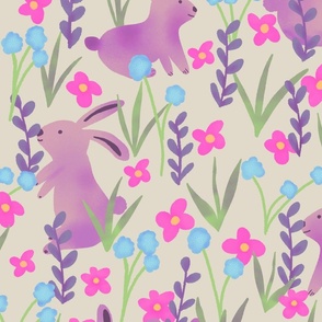 Spring - Rabbit and Flowers // taupe pink // large scale