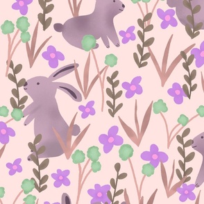 Spring - Rabbits and Flowers // rosé lilac // large scale