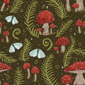 12" Red Mushrooms, Ferns,  and Moths