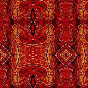 Medieval or Victorian aesthetic Hand embroidered mirrored Ogees tapestry texture in deep rich reds and oranges  with vintage styling Elizabethan small 6” repeat 