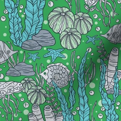 Seaweed, Algae, Fish, Underwater Scenery / Pantone Green and Gray Version / Small Scale