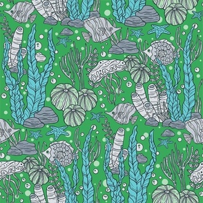 Seaweed, Algae, Fish, Underwater Scenery / Pantone Green and Gray Version / Small Scale