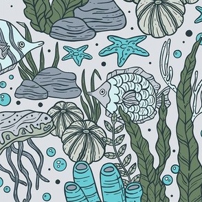 Seaweed, Algae, Fish, Underwater Scenery / Pantone Blue and Gray Version / Medium Scale
