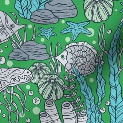 Seaweed, Algae, Fish, Underwater Scenery / Pantone Green and Gray Version / Medium Scale