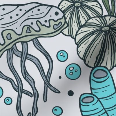 Seaweed, Algae, Fish, Underwater Scenery / Pantone Blue and Gray Version / Large Scale or Wallpaper