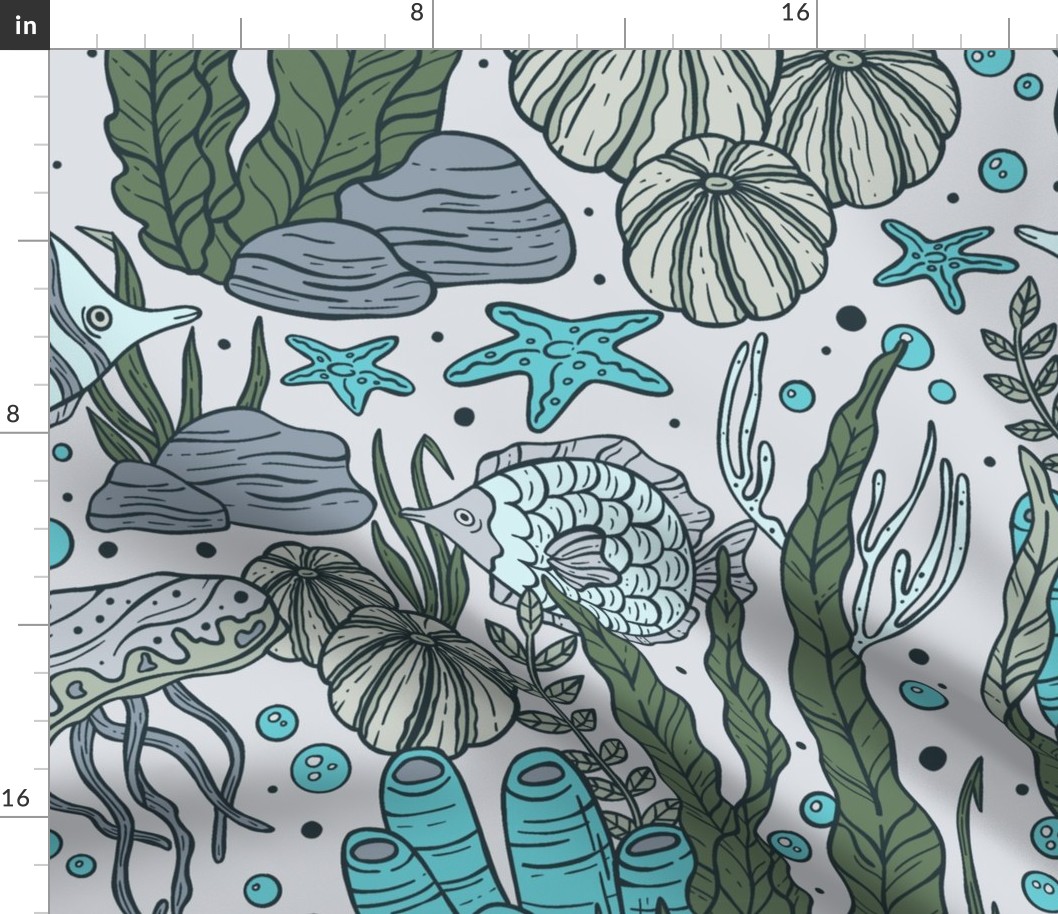 Seaweed, Algae, Fish, Underwater Scenery / Pantone Blue and Gray Version / Large Scale or Wallpaper