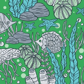 Seaweed, Algae, Fish, Underwater Scenery / Pantone Green and Gray Version / Large Scale or Wallpaper
