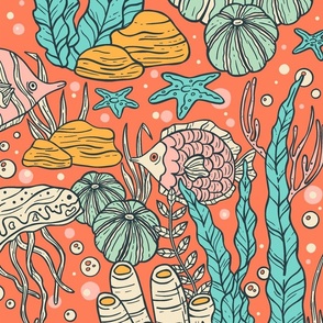 Seaweed, Algae, Fish, Underwater Scenery / Orange Version / Large Scale or Wallpaper