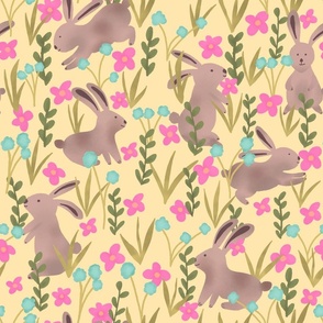 Spring - Rabbits and Flowers // yellow pink // medium scale