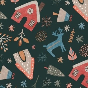 Cute folk-inspired houses, trees, abstract shapes, and animals amidst snowflakes, dark green background, blue, red, white