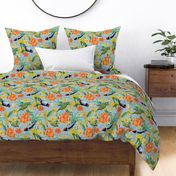 Exquisite antique charm: A Vintage Rainforest Botanical Tropical Pattern, Featuring leaves orange and yellow blossoms,  blue birds on a light blue background - double layer