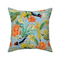 Exquisite antique charm: A Vintage Rainforest Botanical Tropical Pattern, Featuring leaves orange and yellow blossoms,  blue birds on a light blue background - double layer