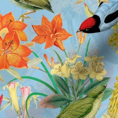 Exquisite antique charm: A Vintage Rainforest Botanical Tropical Pattern, Featuring leaves orange and yellow blossoms,  blue birds on a light blue background - double layer