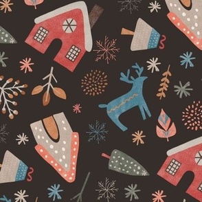 Cute folk-inspired houses, trees, abstract shapes, and animals amidst snowflakes, dark brown background, blue, red, white