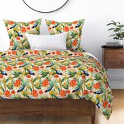 Exquisite antique charm: A Vintage Rainforest Botanical Tropical Pattern, Featuring leaves orange and yellow blossoms,  blue birds on a off white background - double layer