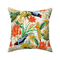 Exquisite antique charm: A Vintage Rainforest Botanical Tropical Pattern, Featuring leaves orange and yellow blossoms,  blue birds on a off white background - double layer