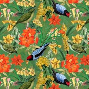 Exquisite antique charm: A Vintage Rainforest Botanical Tropical Pattern, Featuring leaves orange and yellow blossoms,  blue birds on a dark green background - double layer