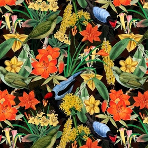 Exquisite antique charm: A Vintage Rainforest Botanical Tropical Pattern, Featuring leaves orange and yellow blossoms,  blue birds on a mysterious night black  background - double layer