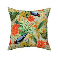 Exquisite antique charm: A Vintage Rainforest Botanical Tropical Pattern, Featuring leaves orange and yellow blossoms,  blue birds on a sage green background - double layer