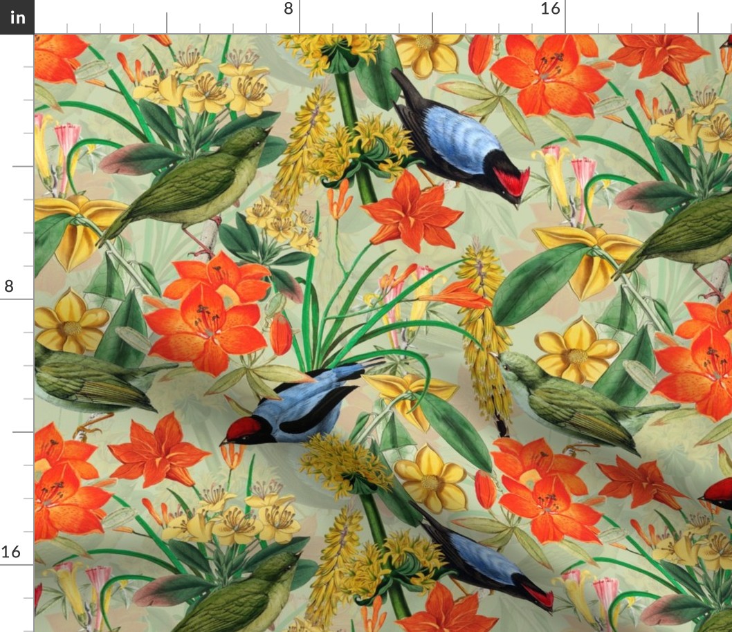 Exquisite antique charm: A Vintage Rainforest Botanical Tropical Pattern, Featuring leaves orange and yellow blossoms,  blue birds on a sage green background - double layer