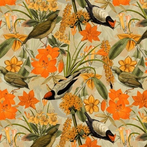 Exquisite antique charm: A Vintage Rainforest Botanical Tropical Pattern, Featuring leaves orange and yellow blossoms,  blue birds on a sepia background - double layer