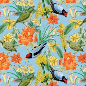 Exquisite antique charm: A Vintage Rainforest Botanical Tropical Pattern, Featuring leaves orange and yellow blossoms,   blue birds on a light blue background