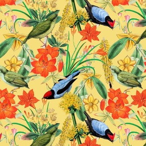 Exquisite antique charm: A Vintage Rainforest Botanical Tropical Pattern, Featuring leaves orange and yellow blossoms,   blue birds on a sunny yellow background