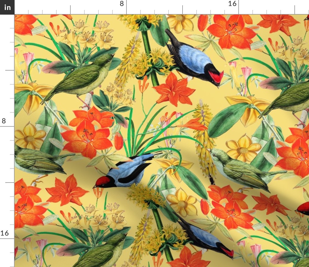 Exquisite antique charm: A Vintage Rainforest Botanical Tropical Pattern, Featuring leaves orange and yellow blossoms,   blue birds on a sunny yellow background