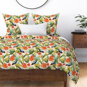 Exquisite antique charm: A Vintage Rainforest Botanical Tropical Pattern, Featuring leaves orange and yellow blossoms,   blue birds on a off white background
