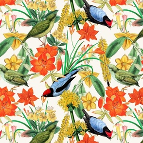 Exquisite antique charm: A Vintage Rainforest Botanical Tropical Pattern, Featuring leaves orange and yellow blossoms,   blue birds on a off white background