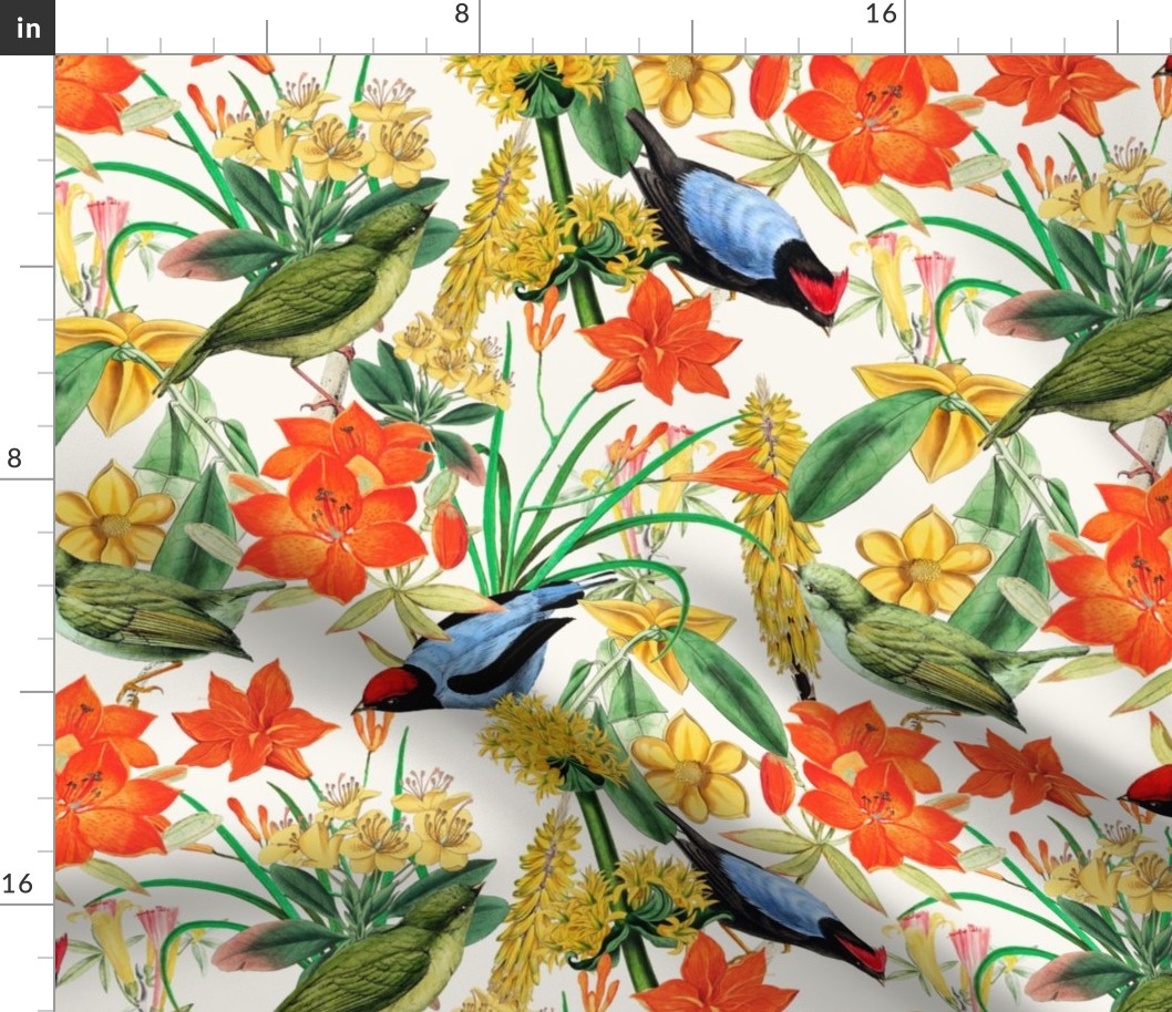 Exquisite antique charm: A Vintage Rainforest Botanical Tropical Pattern, Featuring leaves orange and yellow blossoms,   blue birds on a off white background