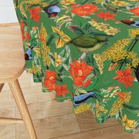 Exquisite antique charm: A Vintage Rainforest Botanical Tropical Pattern, Featuring leaves orange and yellow blossoms,   blue birds on a green background