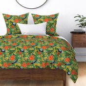 Exquisite antique charm: A Vintage Rainforest Botanical Tropical Pattern, Featuring leaves orange and yellow blossoms,   blue birds on a green background